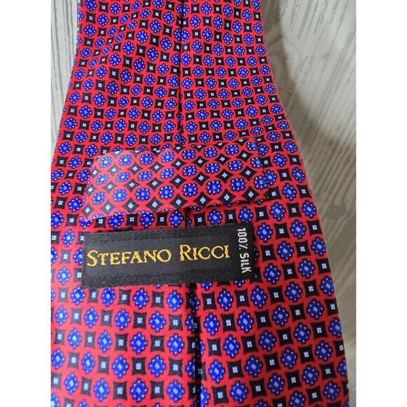 Stefano Ricci 100% Silk Geometric Pattern Neck Tie – Red & Blue Made in Italy - Picture 4 of 7